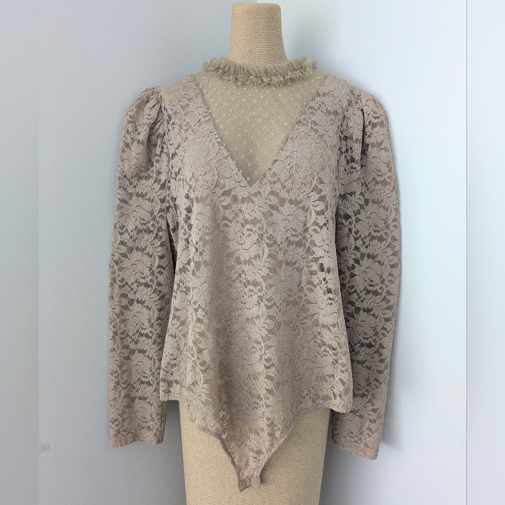 Chic See Thru Lace V-Neck Bodysuit Blouse - Tan